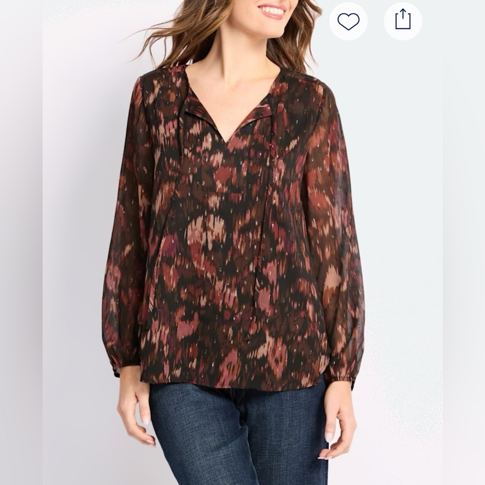 Woven V-Neck Long-Sleeve Blouse in Multi Brown